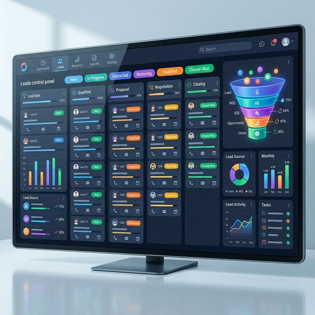 Panel de leads con columnas visuales y embudo
