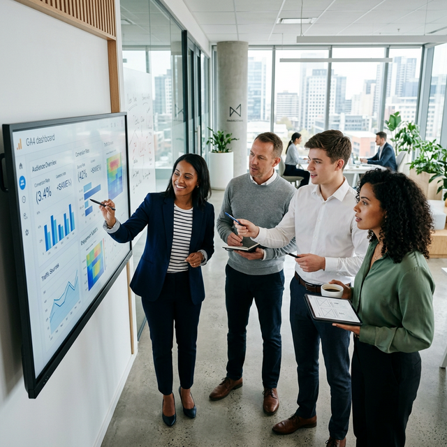 Equipo pequeño analizando métricas en pantalla corporativa