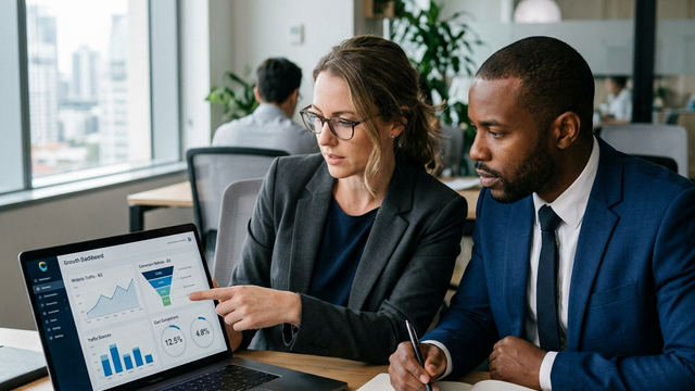 Dos profesionales analizando resultados o métricas en pantalla, escena empresarial horizontal y realista