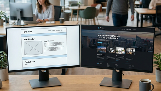 Comparativa visual en mesa de trabajo entre propuesta web básica y propuesta web más sólida, pantallas o bocetos, estilo corporativo realista