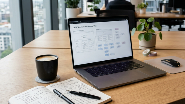 Profesional planificando mejoras de una web con portátil, libreta y café, formato horizontal, luz suave natural